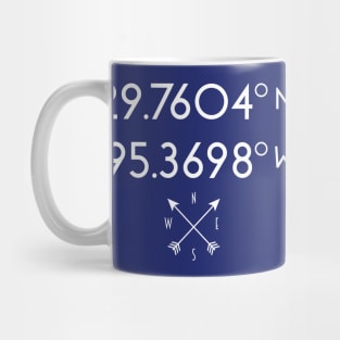 Houston Map Coordinates (latitude and longitude) white text with compass rose, no city name Mug